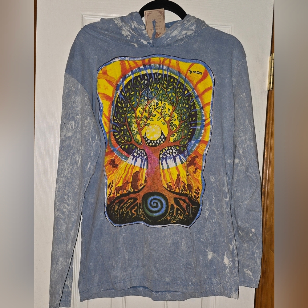 Kathmandu Blue Tie-Dye Hoodie Artsy Indie Boho Woodland Fairy Animals Size M